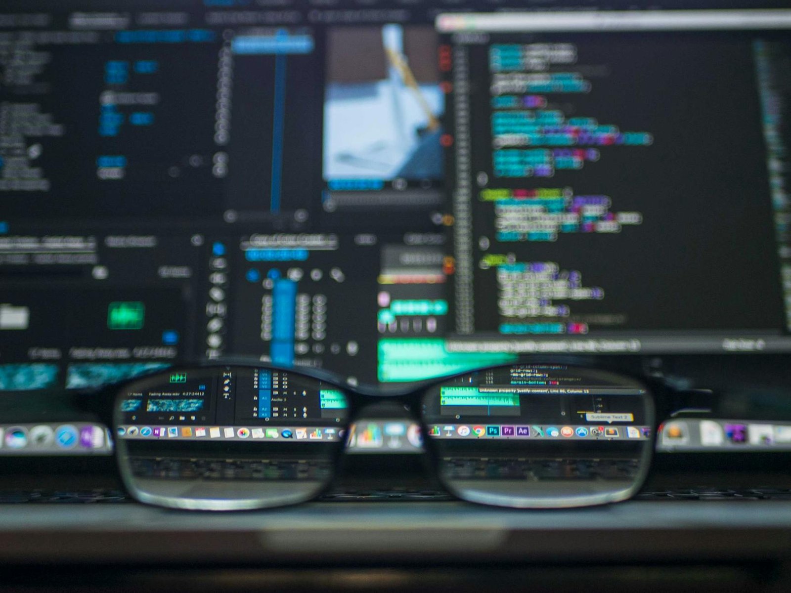 Multiple monitor developer setup with code analytics dashboard